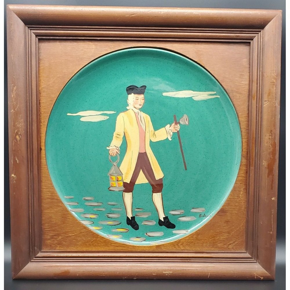 Hand Painted American Colonial Figure On Poppytrail Metlox Plate in wood frame